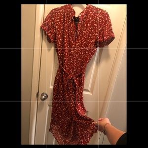 Loft red floral dress with pockets and tie belt